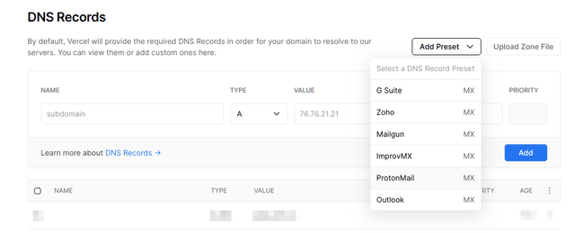 The preset dropdown in the DNS UI.