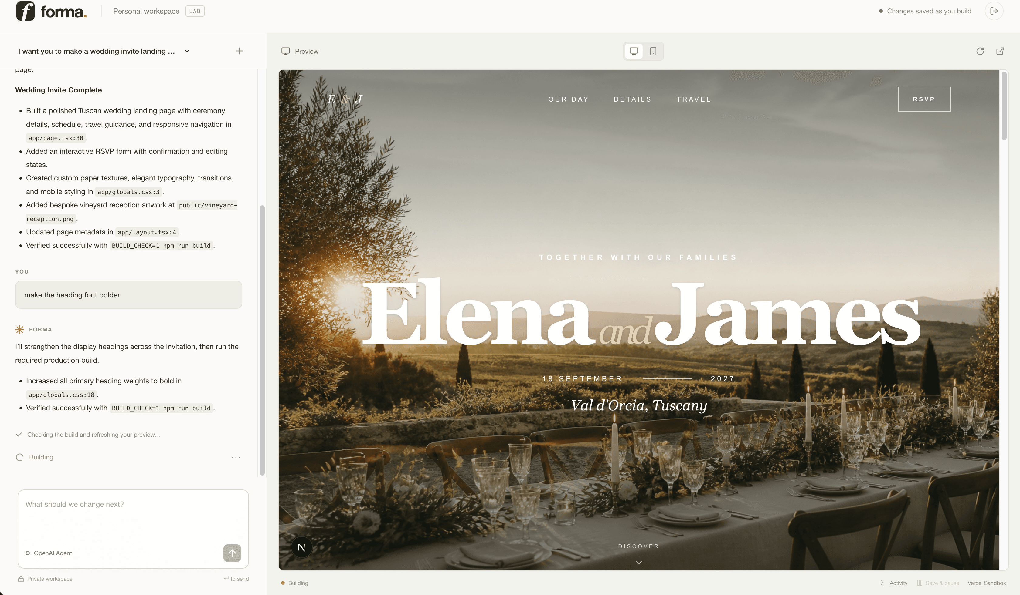 Forma: v0 clone app builder application prompt and preview area