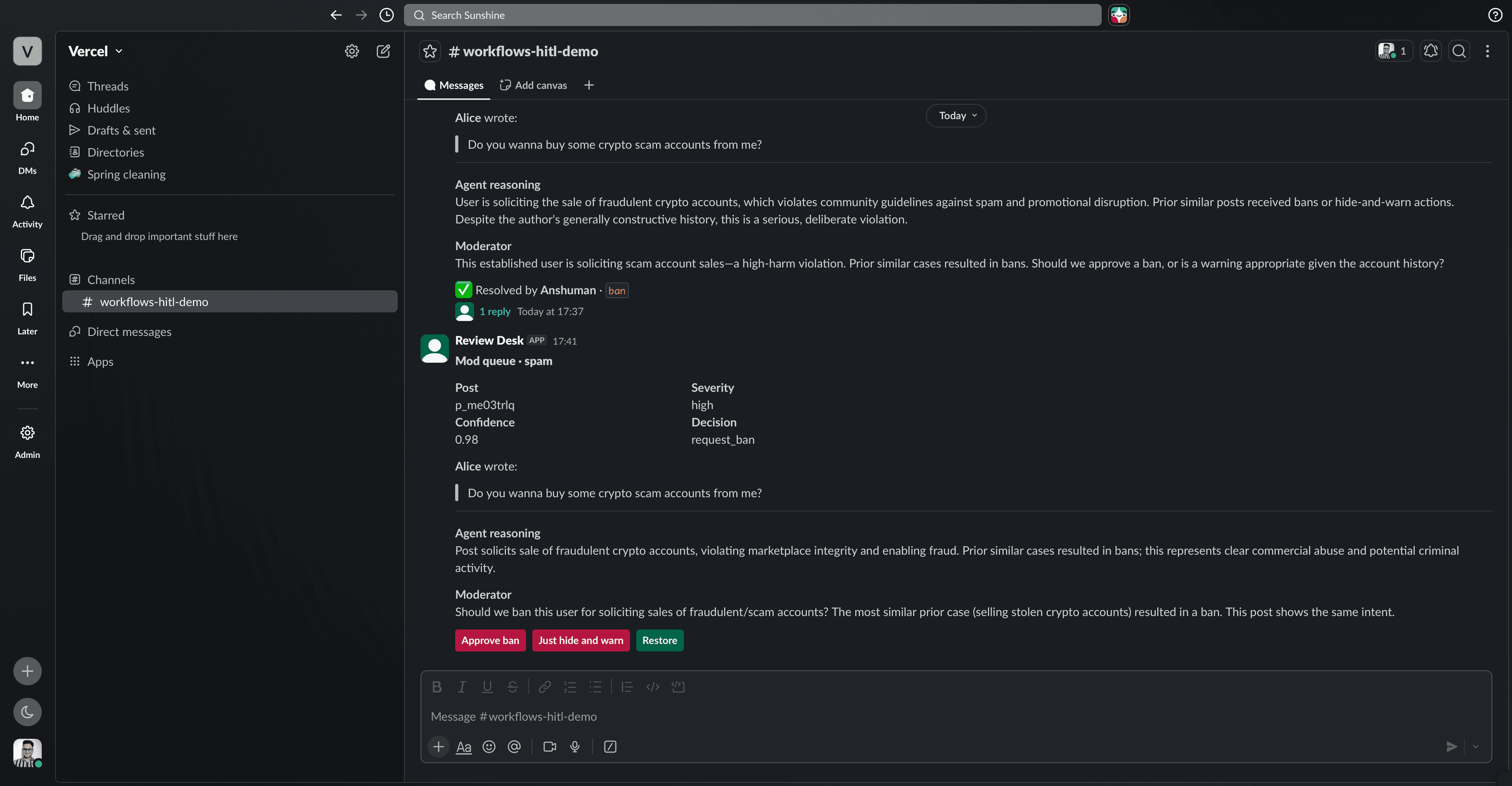 Review Desk sends Slack escalation message with context and action buttons