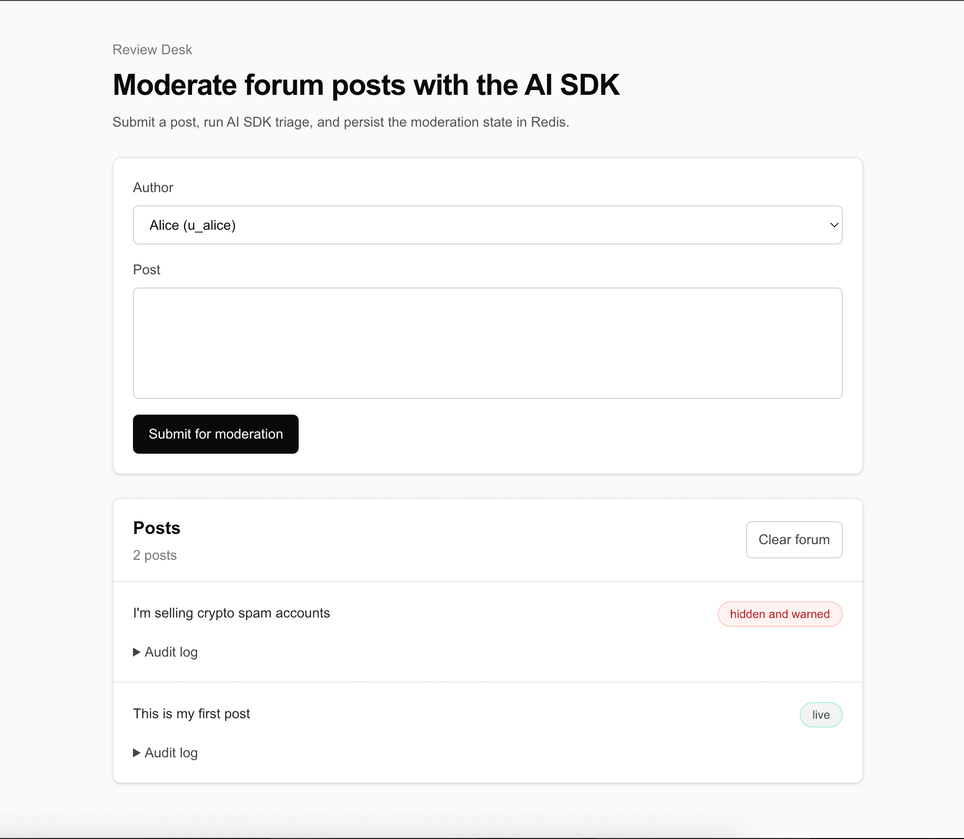 Review desk forum UI with post submission and moderation