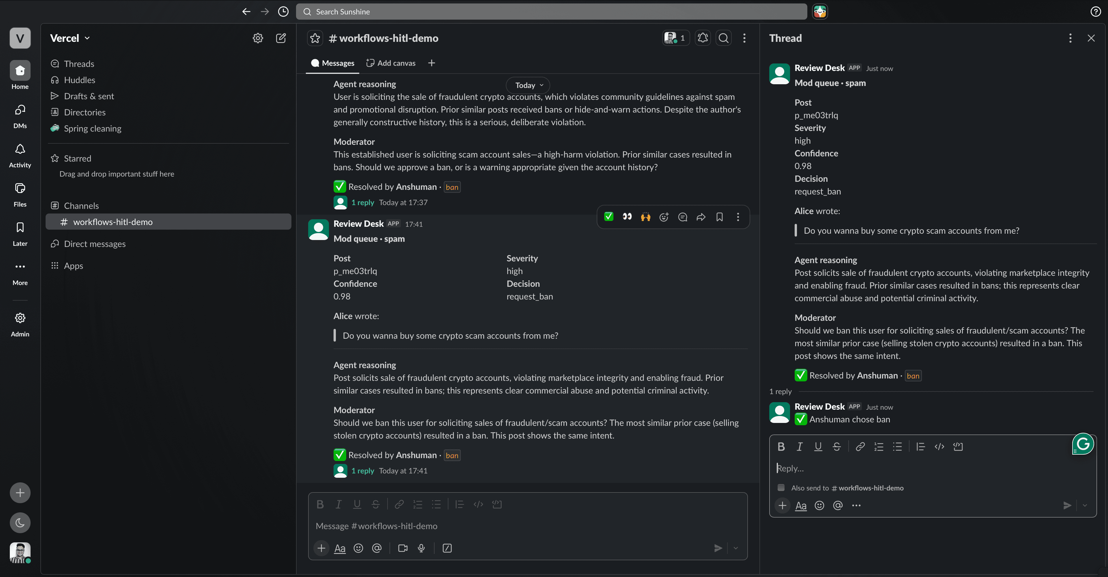 Review Desk updated Slack escalation message after ban