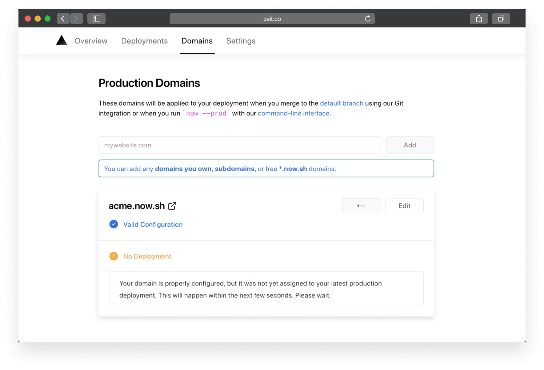 The interface guides you in setting up production domains for your project.