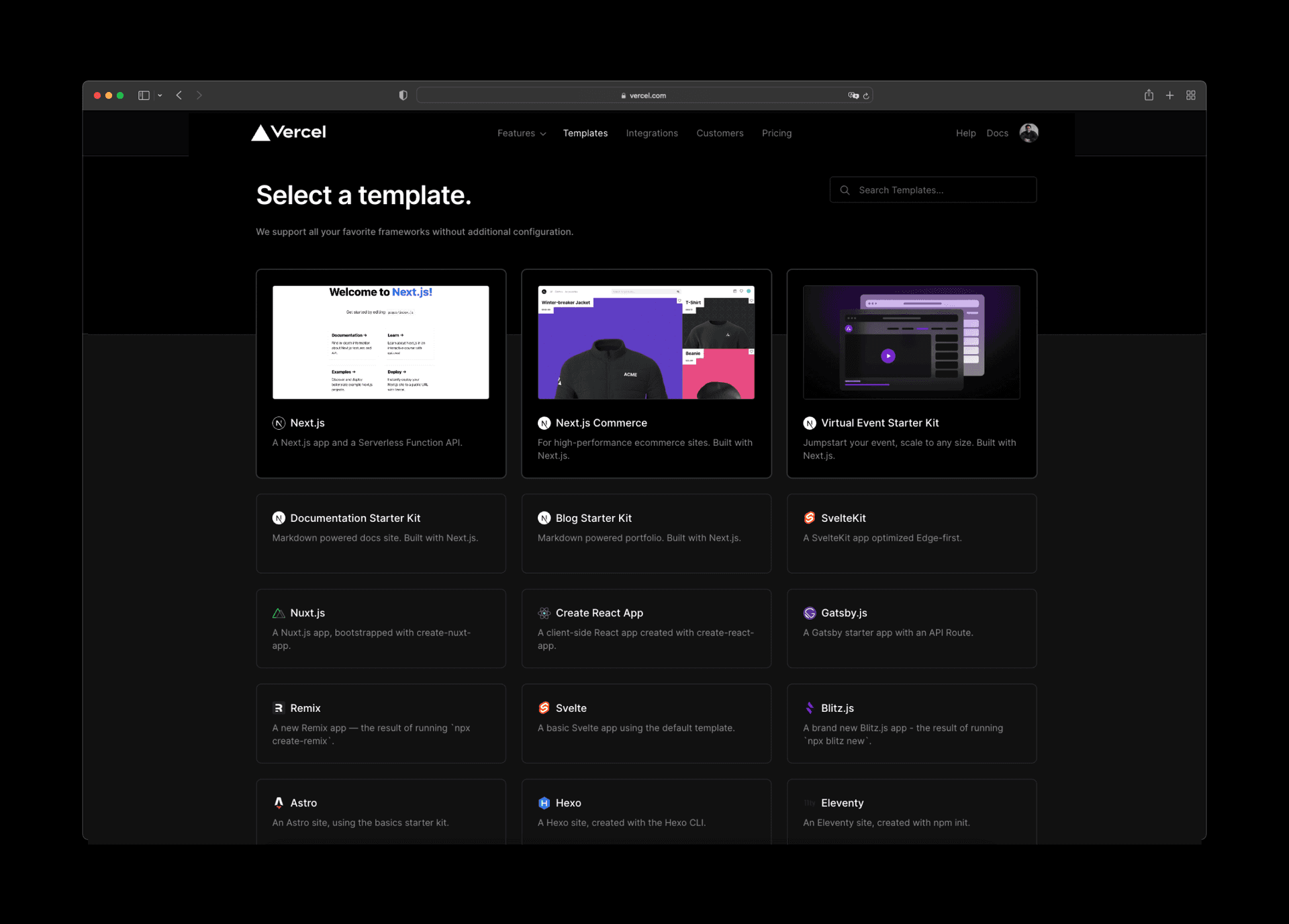 Old version: limited selection of templates that focused mainly on framework starters.