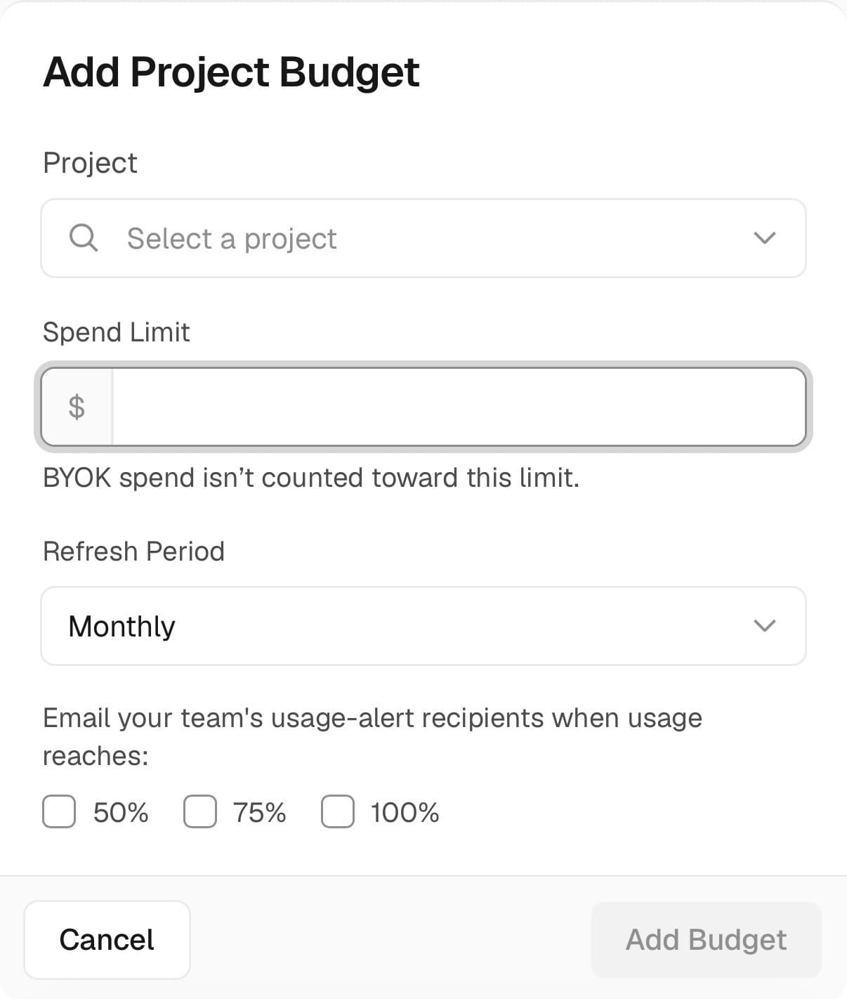 Set a per-project or per-API key budget with refresh periods and email notifications.