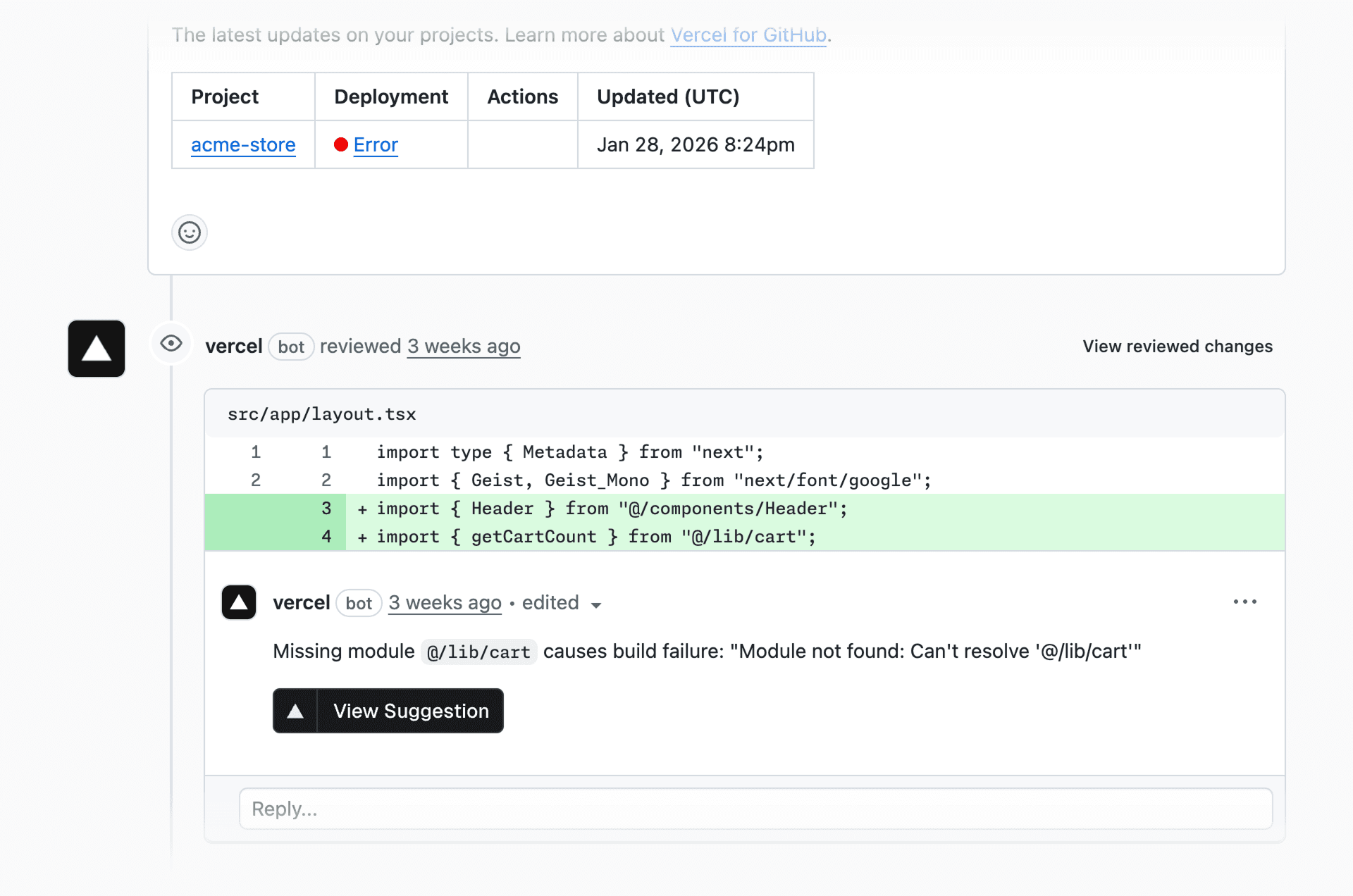 Vercel Agent - Automatic code suggestion on GitHub pull request