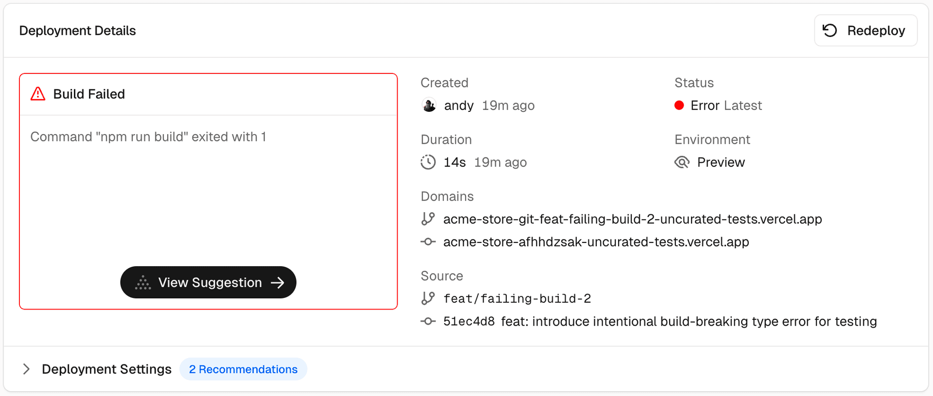 Vercel Agent - Build fix suggestions on the Vercel Dashboard