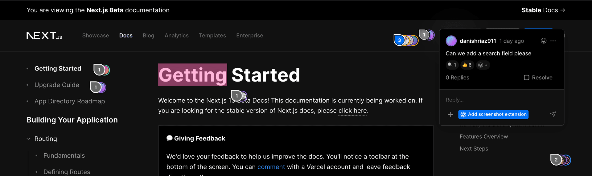 A screenshot of the Next.js 13 beta docs with many preview comments. Even with this much feedback, we can quickly understand the exact parts of the UI that need improving.