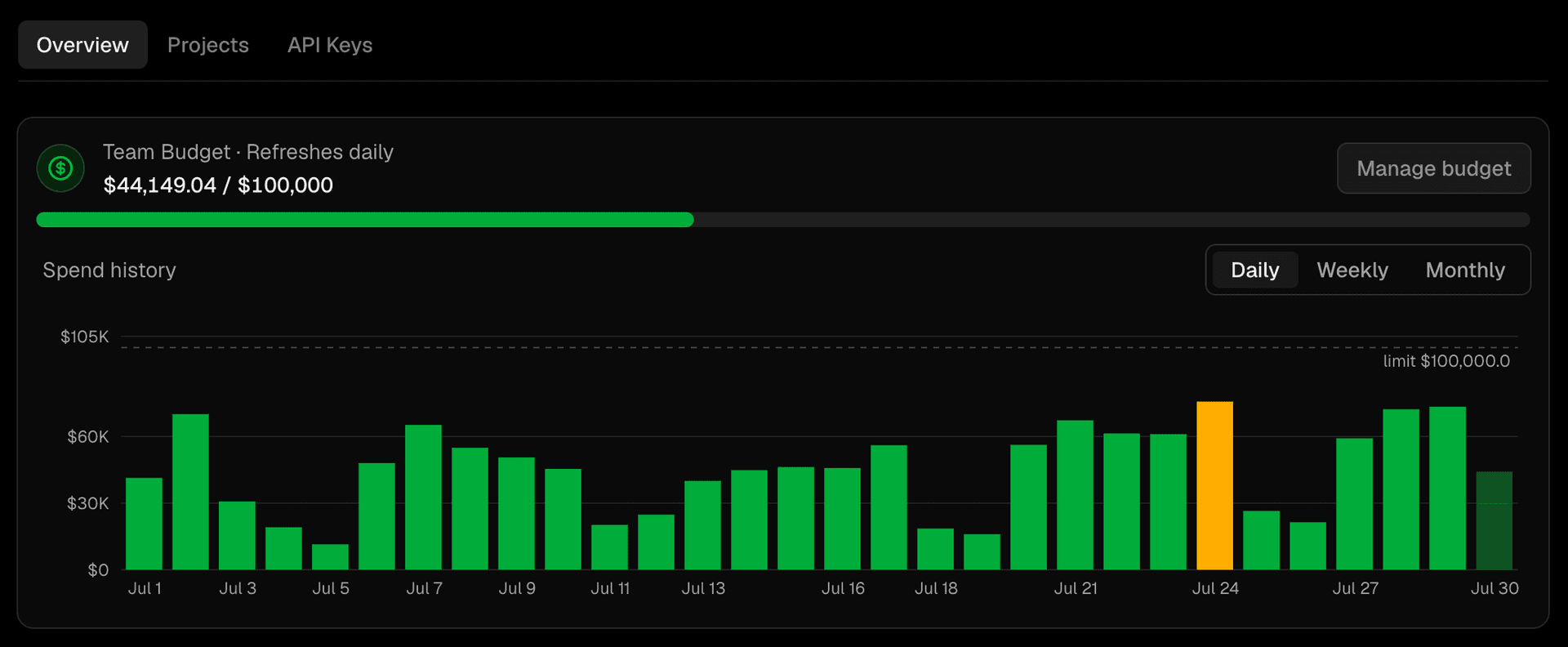 Track spend against every team, project, and key budget from one overview.