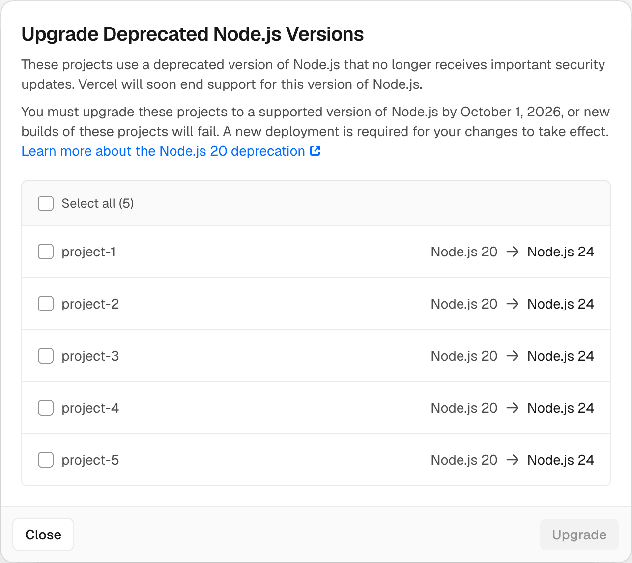 Vercel Adds One-click upgrade for deprecated Node.js versions to Dashboard