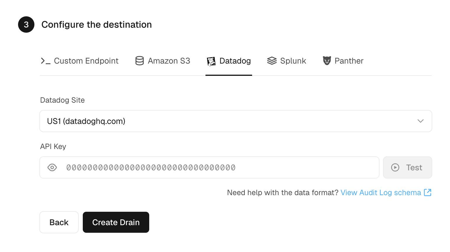 Configuring a Datadog destination for an Audit Log Drain.