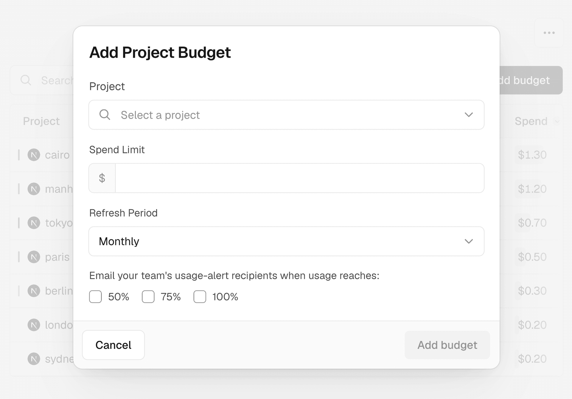 Set a per-project or per-API key budget with refresh periods and email notifications.