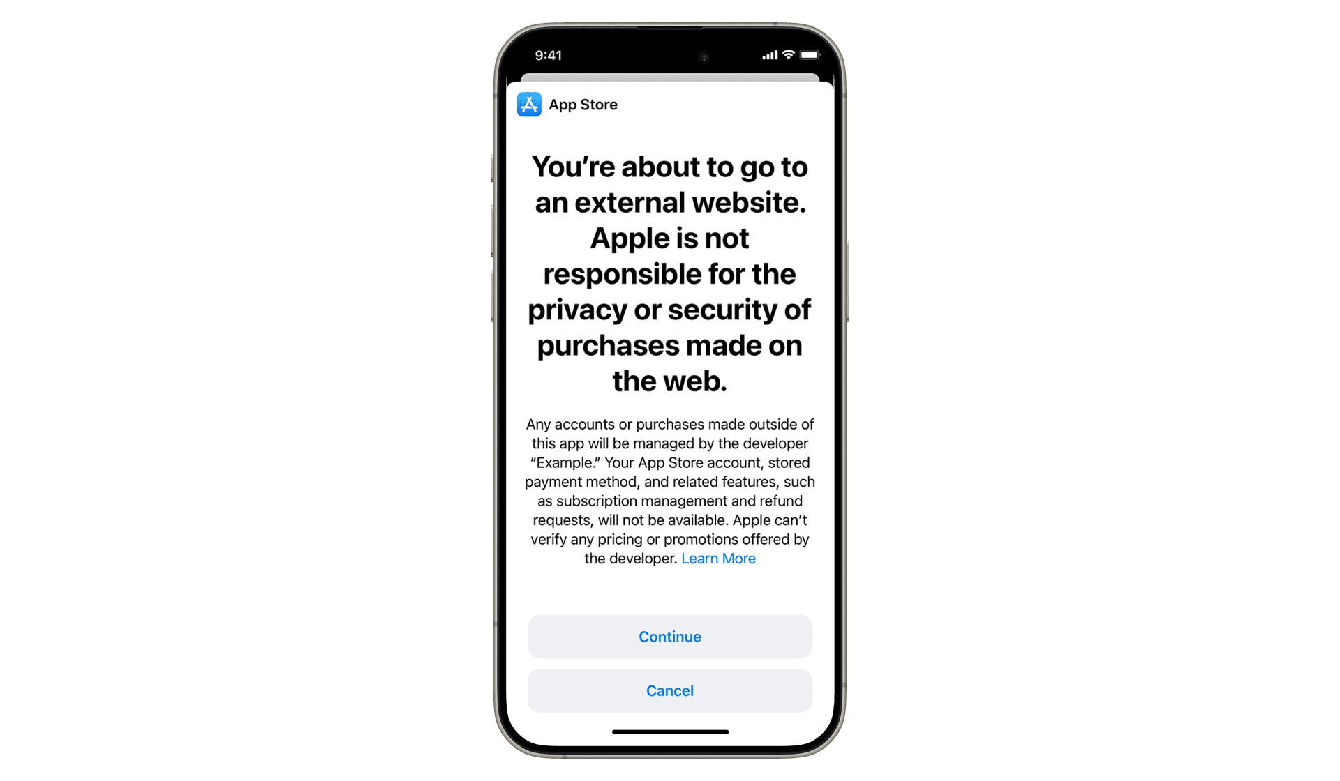 Example of a system warning shown before opening an external payment link which adds friction and undermines trust in alternative payment options.