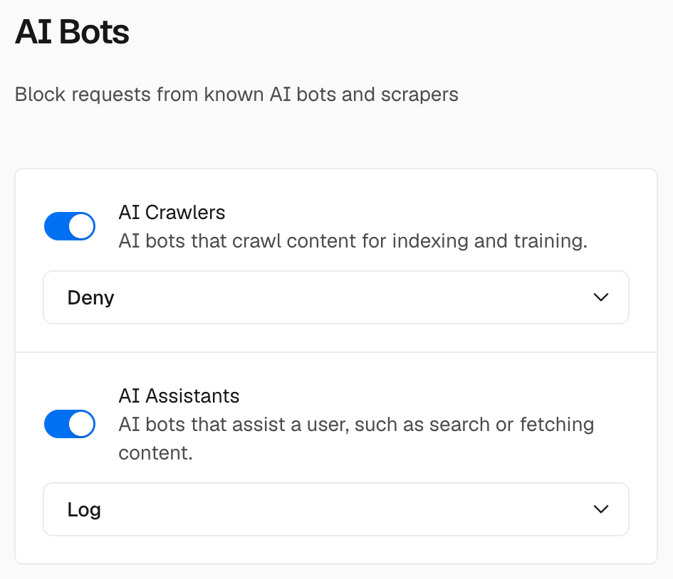Block AI crawlers while allowing and logging AI assistant requests.