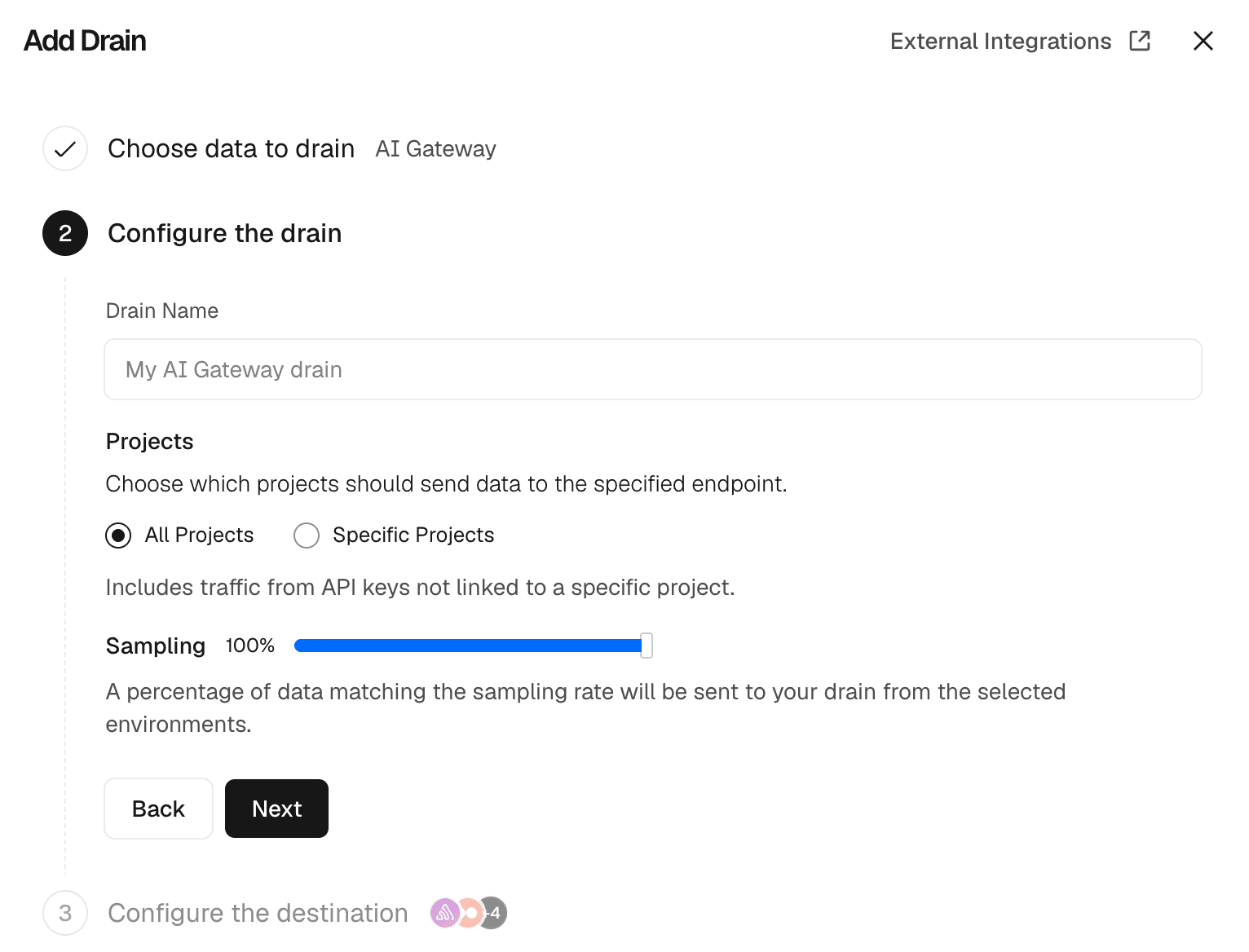 Configure an AI Gateway Trace Drain, choose projects, and set the sampling rate.