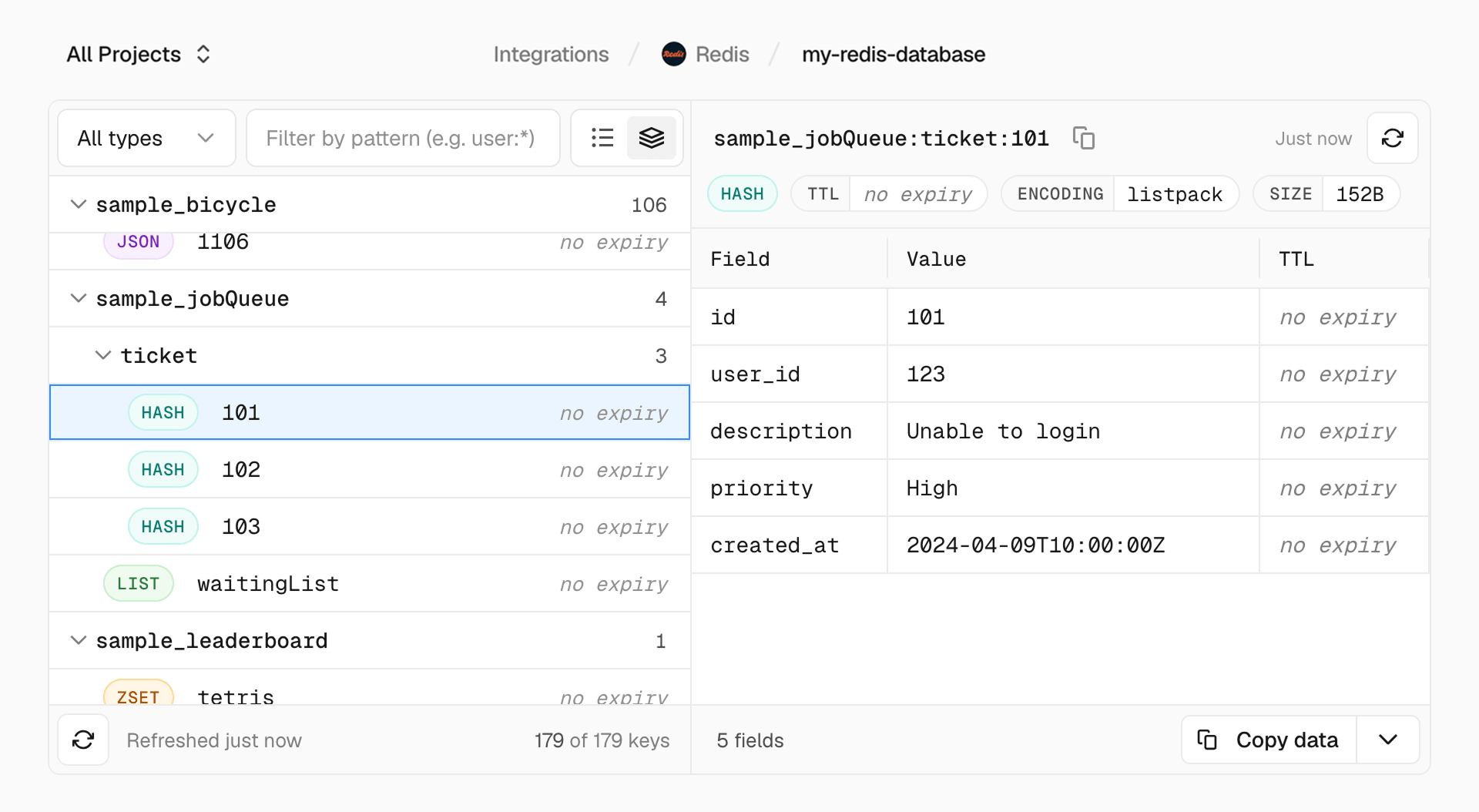 Browse Redis keys and inspect their values and metadata from the Vercel dashboard.