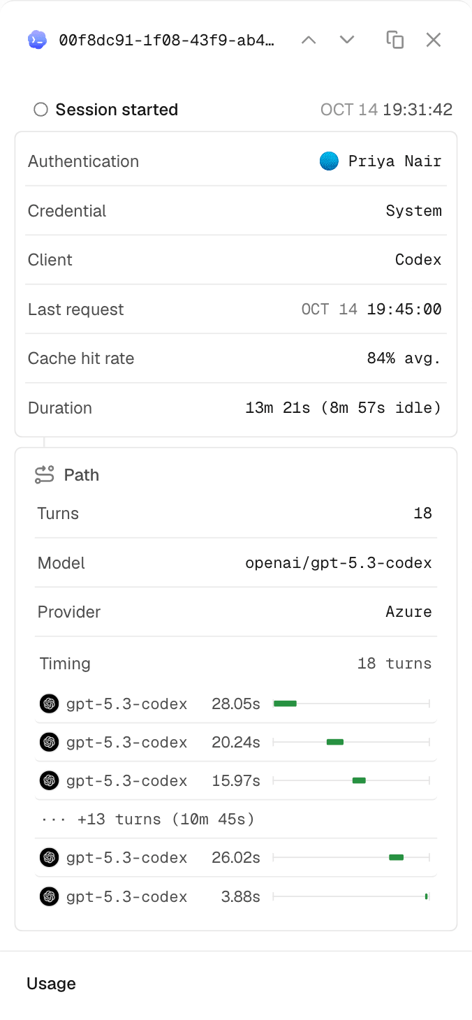 View individual sessions to see more detailed information on the requests and metrics.