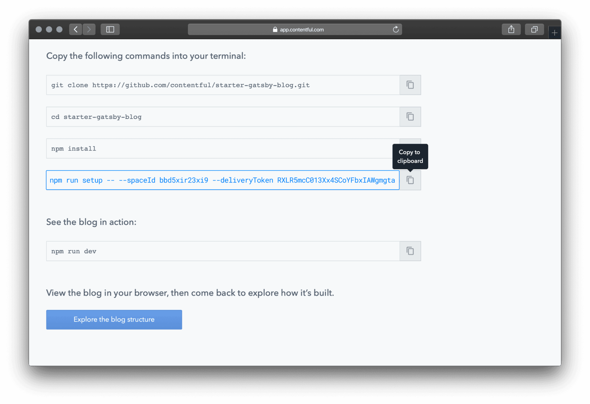`npm run setup` takes care of setting up the environment variables that Gatsby needs from Contentful.
