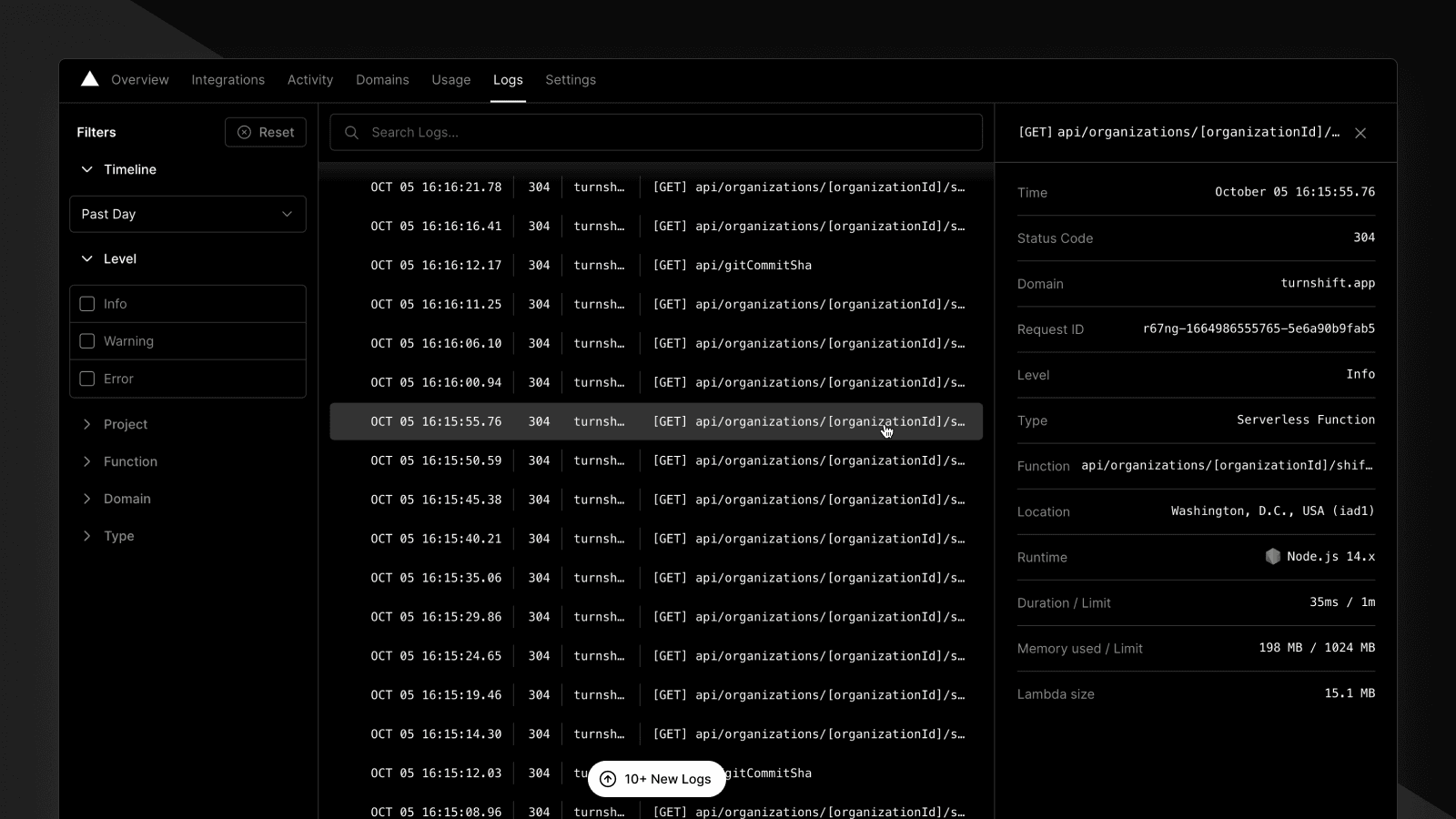 Screenshot on the improved logs UI, showing the logs from an example application. It has three main columns, the left one with filters, the central with the logs' feed, and the right one with the selected log's details
