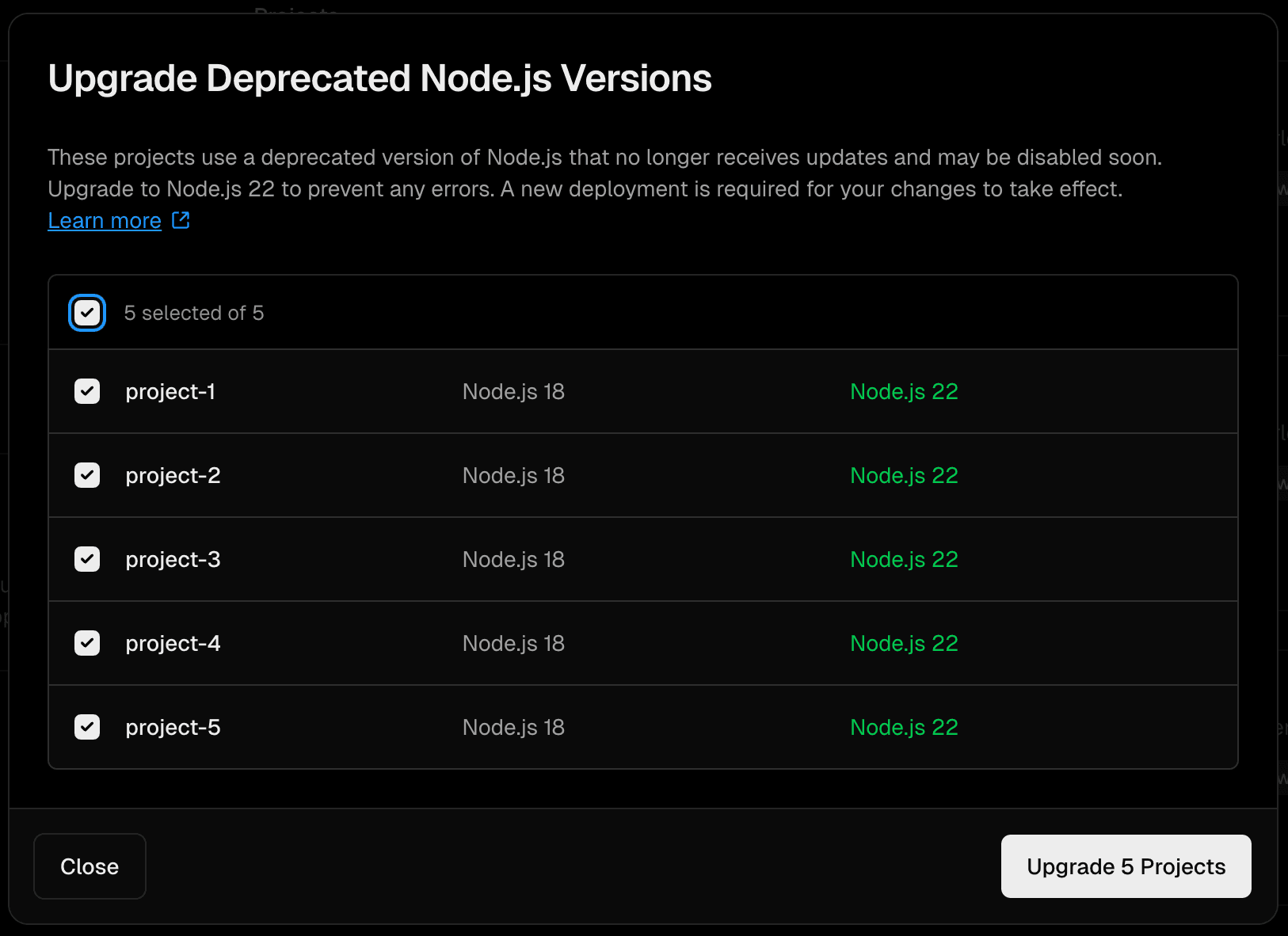 Vercel Upgrade Deprecated Node.js Version modal