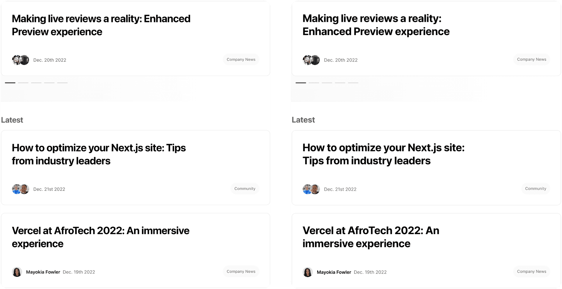 The Vercel blog, before and after React Wrap Balancer.