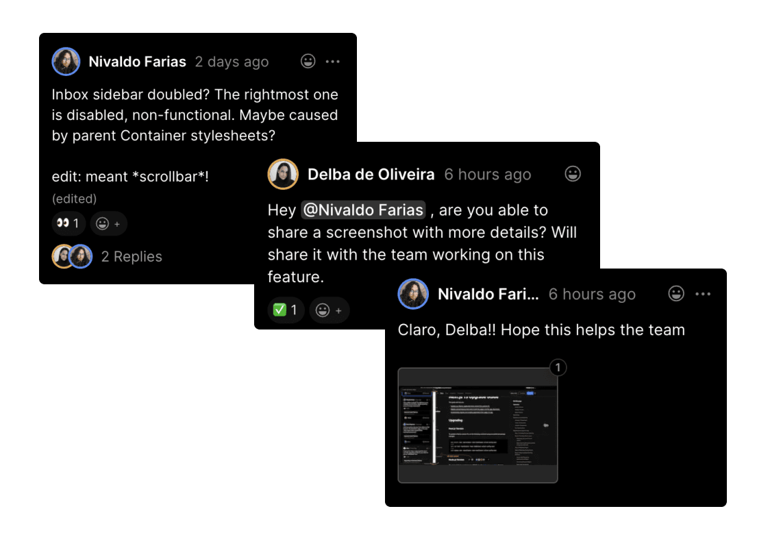 A screenshot of preview comments showing a conversation between Next.js team member and community.