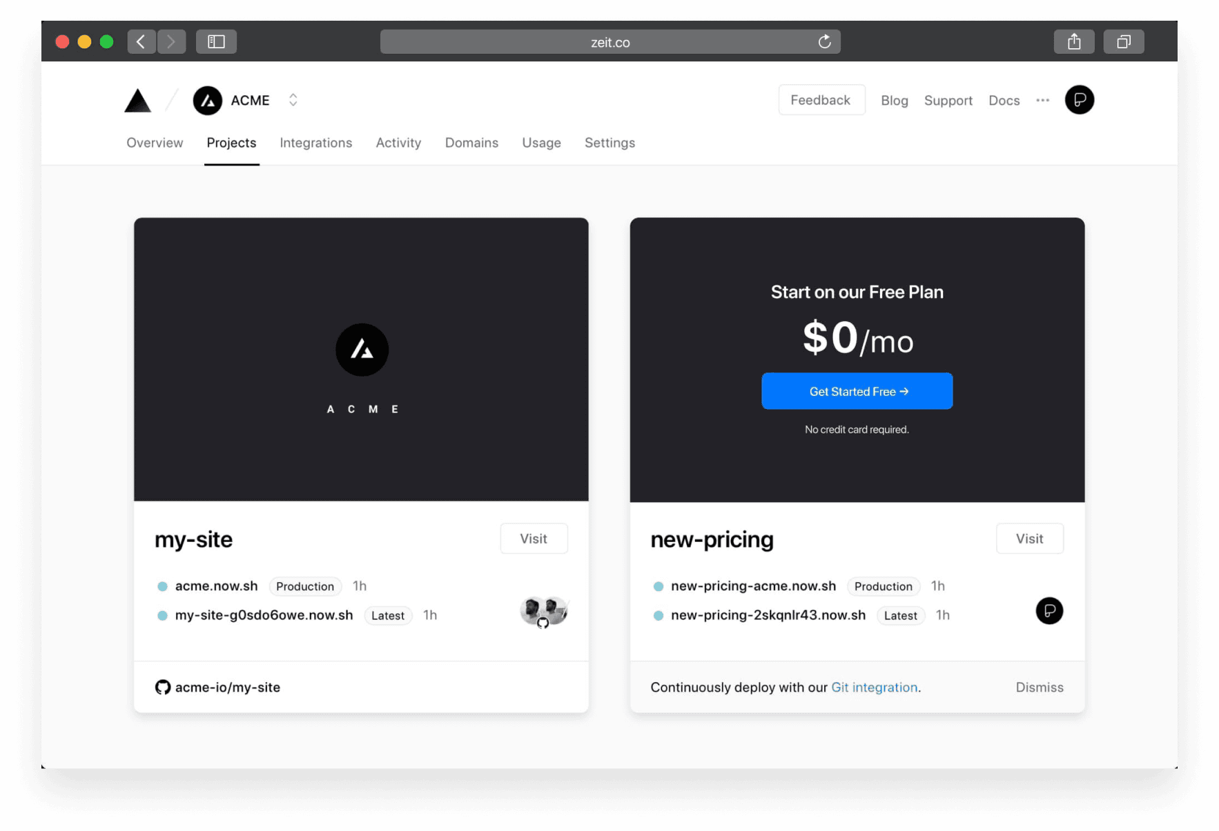 An overview of all your Vercel projects, accompanied with screenshots