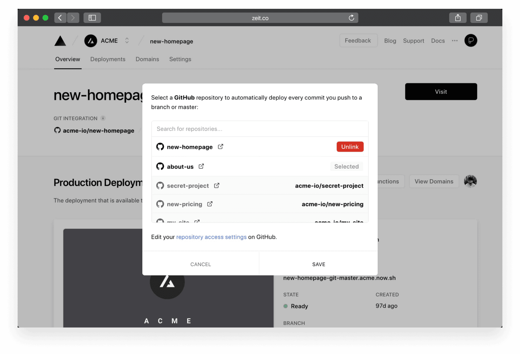 Select a repository from the project page to automatically deploy on every commit.