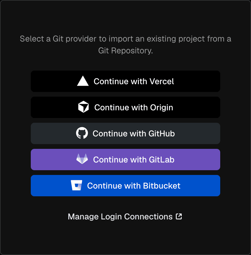 Connect Origin repositories to Vercel projects to automatically create Preview and Production deployments.