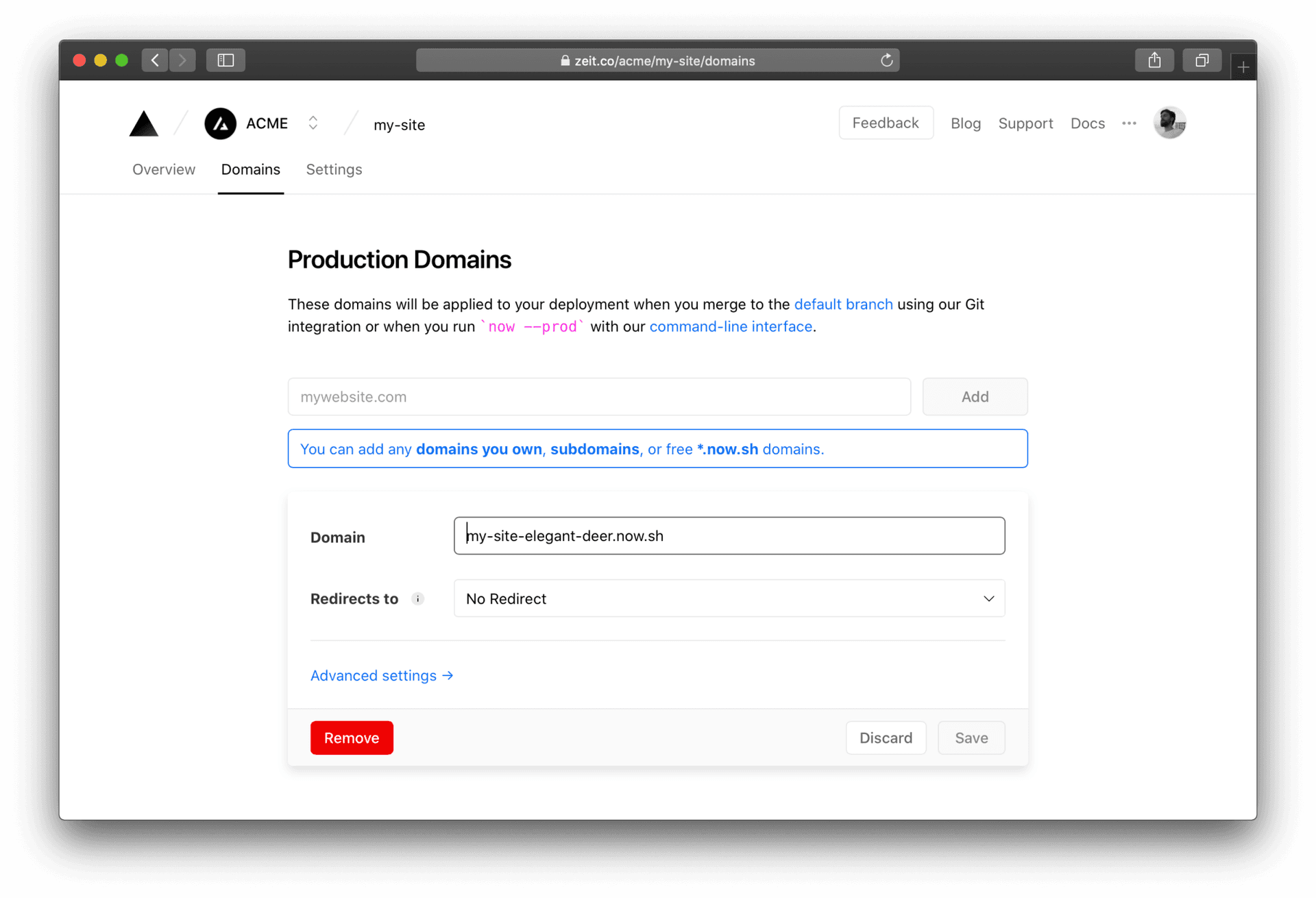 You can edit the default production domain or add a custom domain.