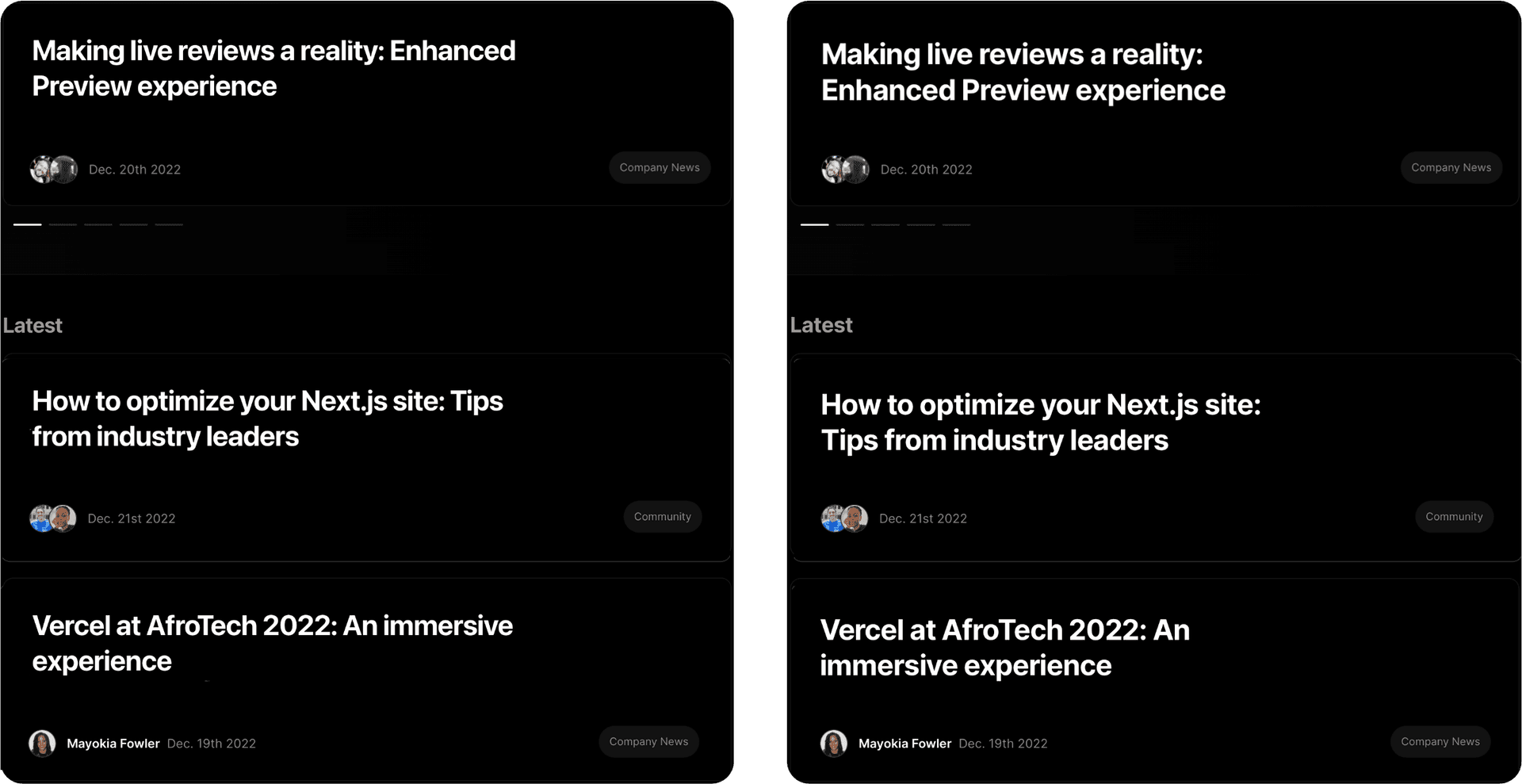 The Vercel blog, before and after React Wrap Balancer.