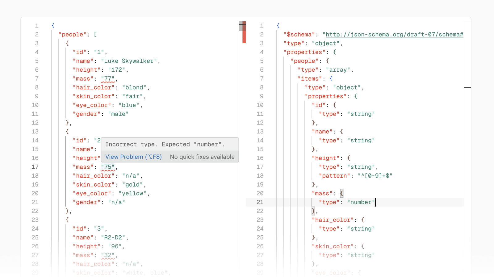 An Edge Config with a JSON schema attached, and the editor displaying a validation error.