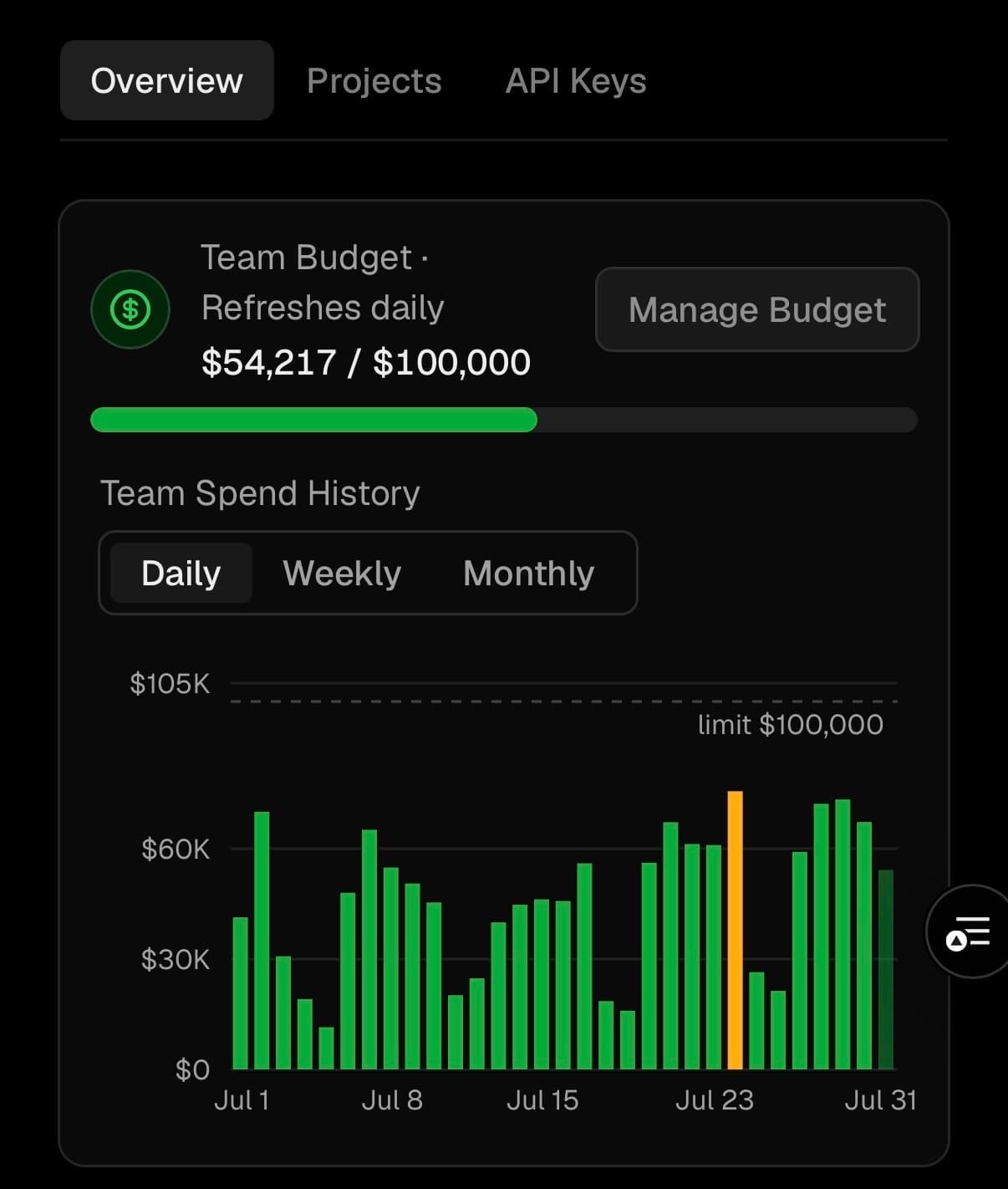 Track spend against every team, project, and key budget from one overview.