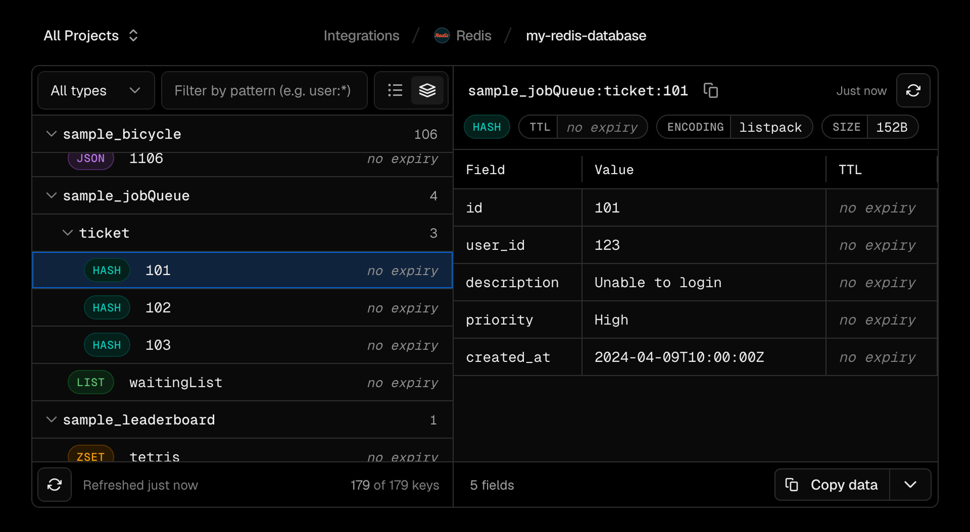 Browse Redis keys and inspect their values and metadata from the Vercel dashboard.