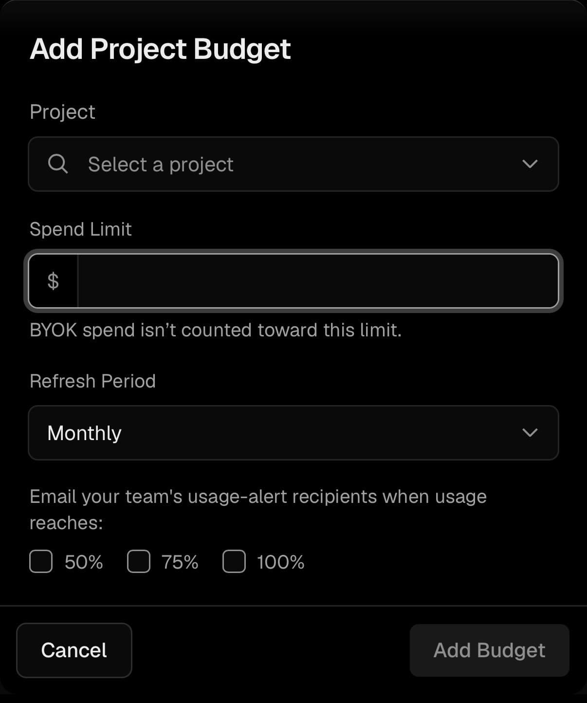 Set a per-project or per-API key budget with refresh periods and email notifications.
