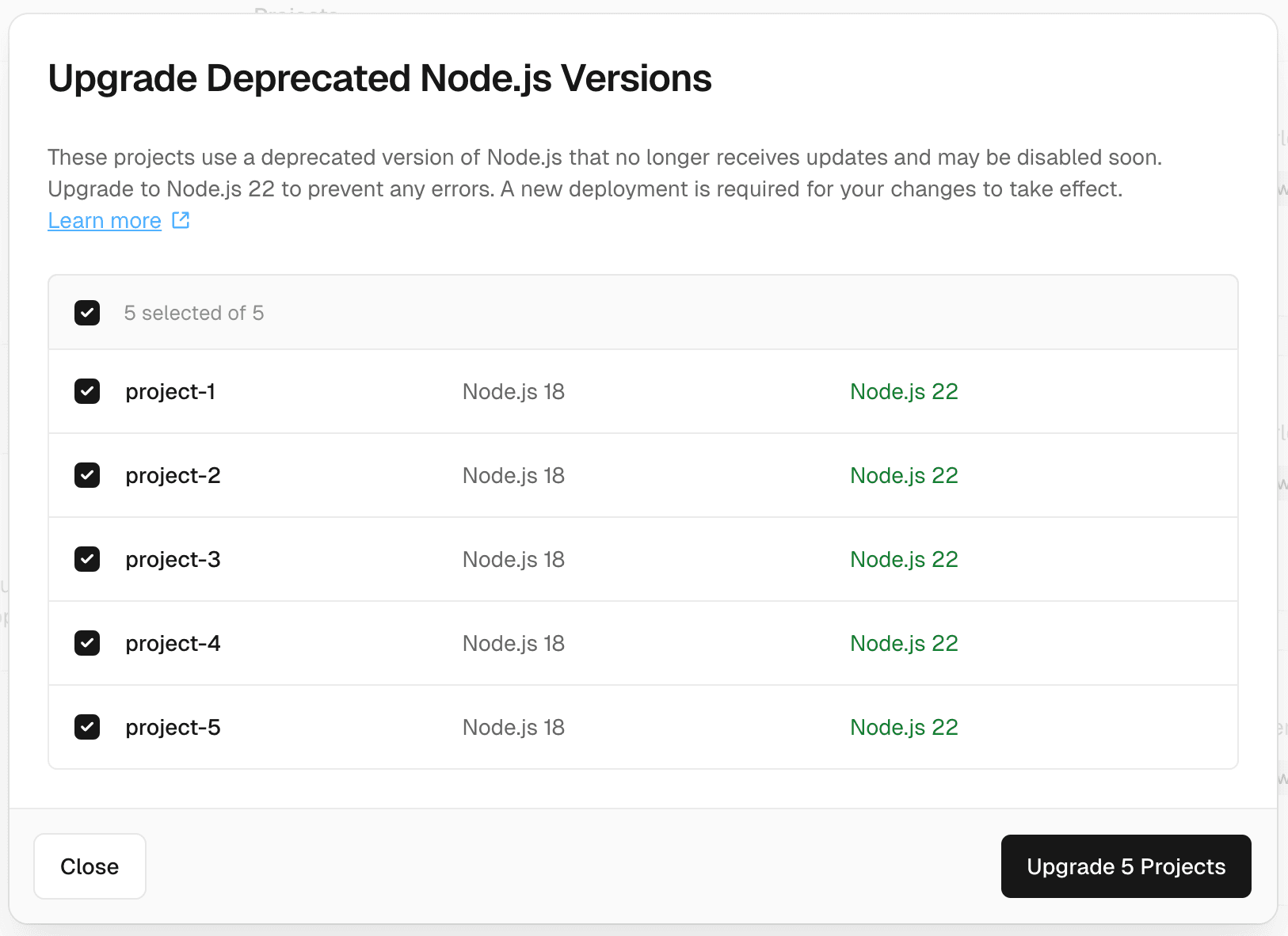 Vercel Upgrade Deprecated Node.js Version modal
