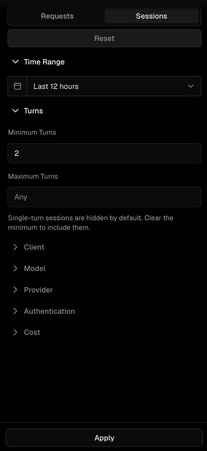 See logs grouped by sessions with a view into cache hit rate, session id, cost, and more.
