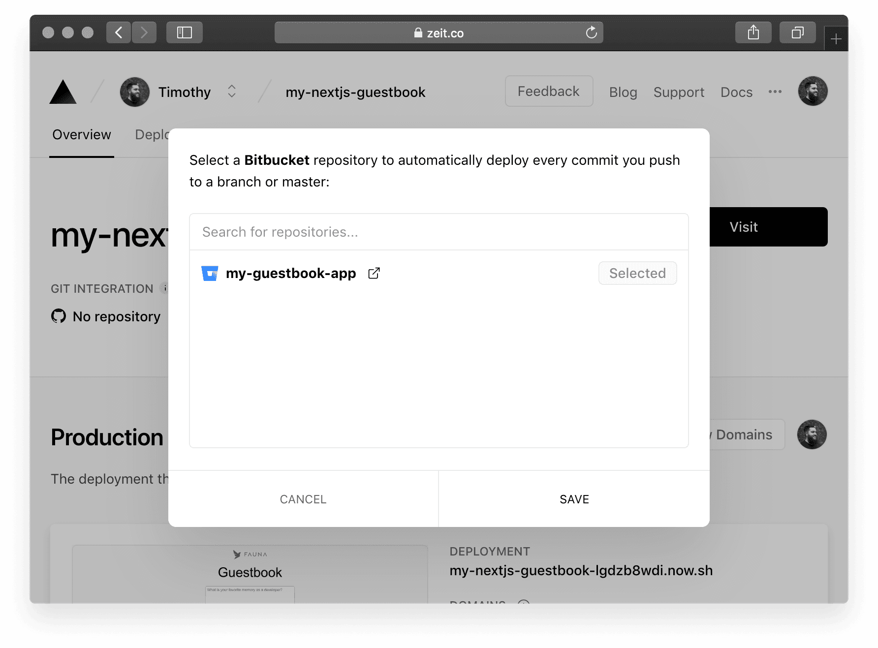 Once linked, pushes made to the Bitbucket project will be automatically deployed with ZEIT Now.