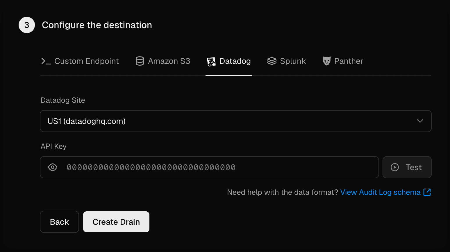 Configuring a Datadog destination for an Audit Log Drain.