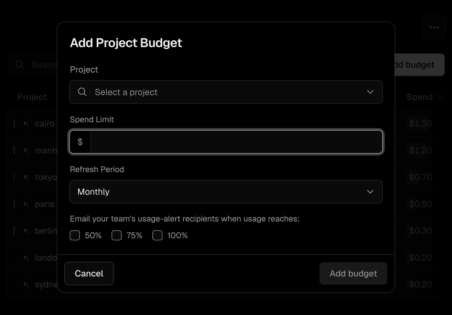 Set a per-project or per-API key budget with refresh periods and email notifications.