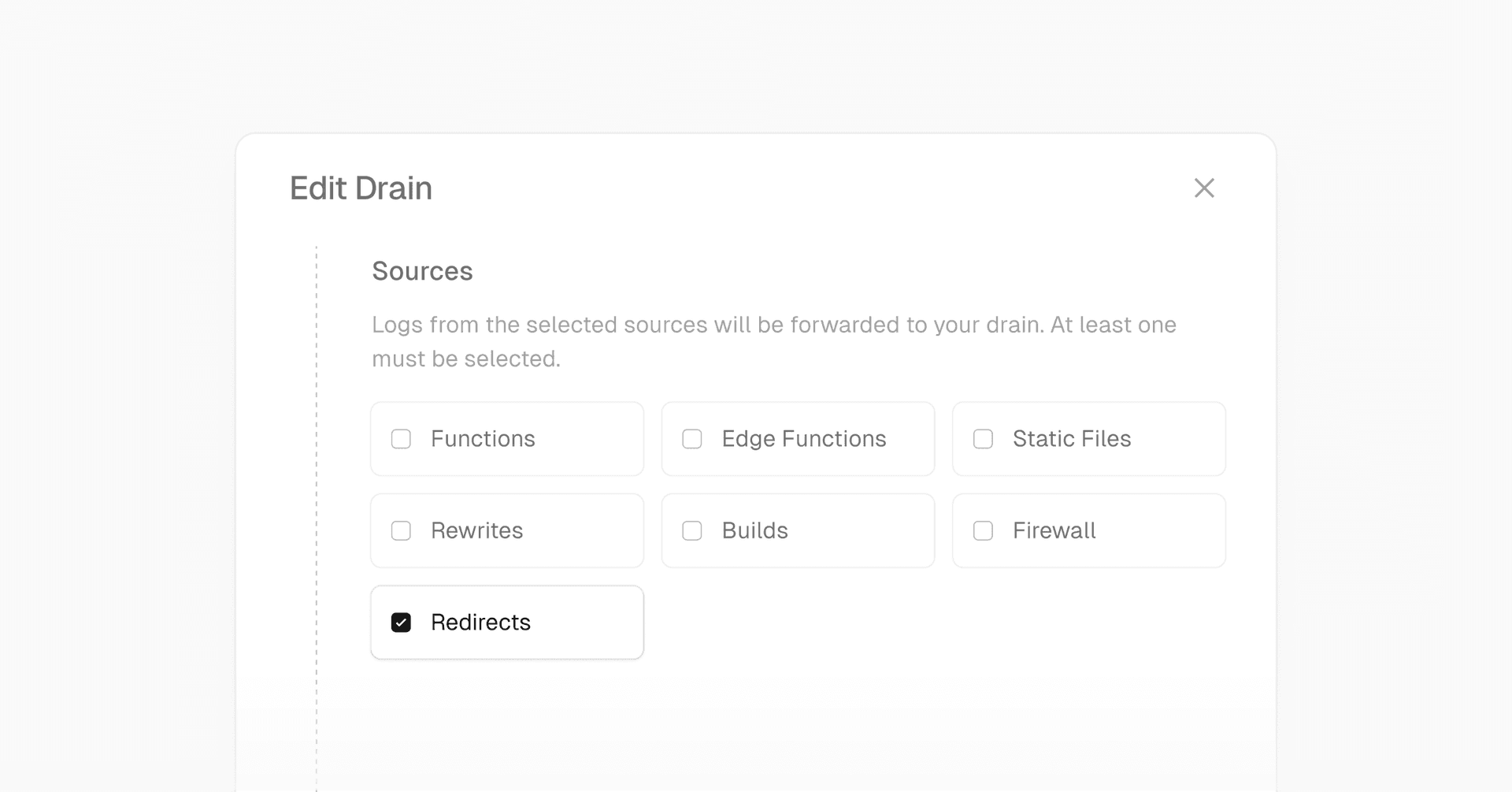 An image showing the Edit Drain modal to opt into Redirect request logs