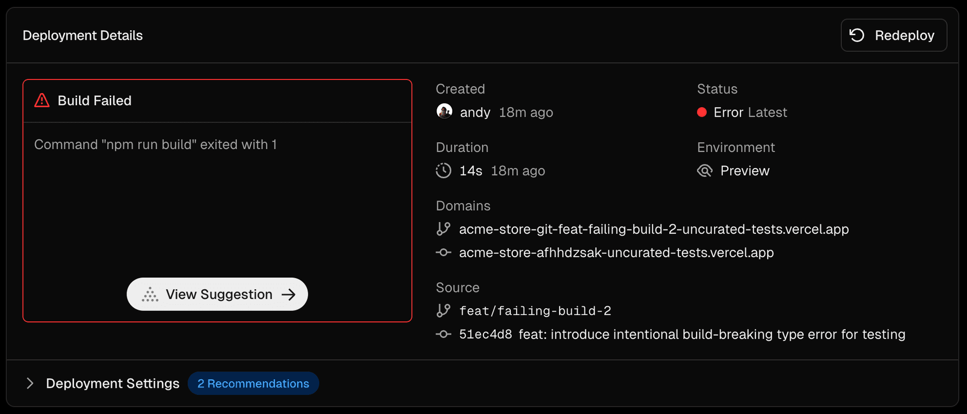 Vercel Agent - Build fix suggestions on the Vercel Dashboard