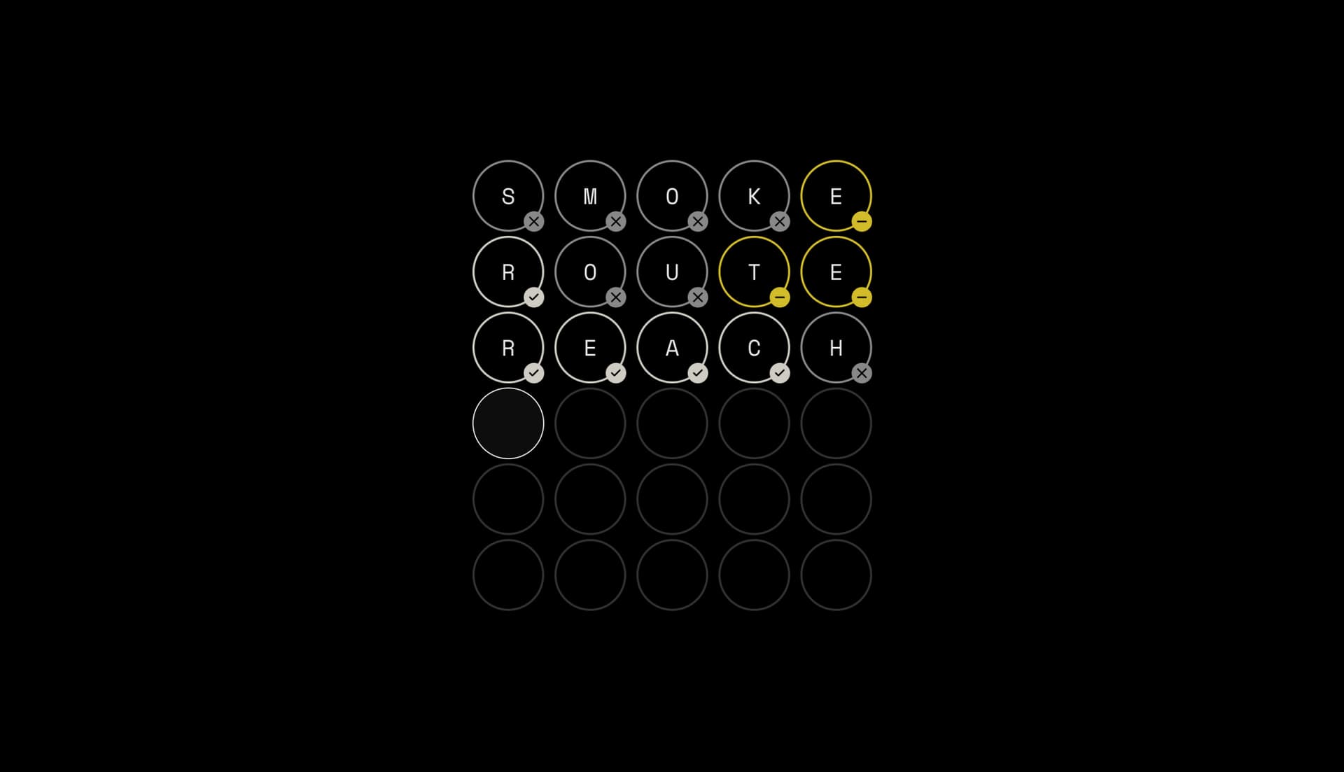 A Vordle board showing how we added icons to indicate correct guesses. Previously, only colors were being used so users with red-green colorblindness could not play the game.