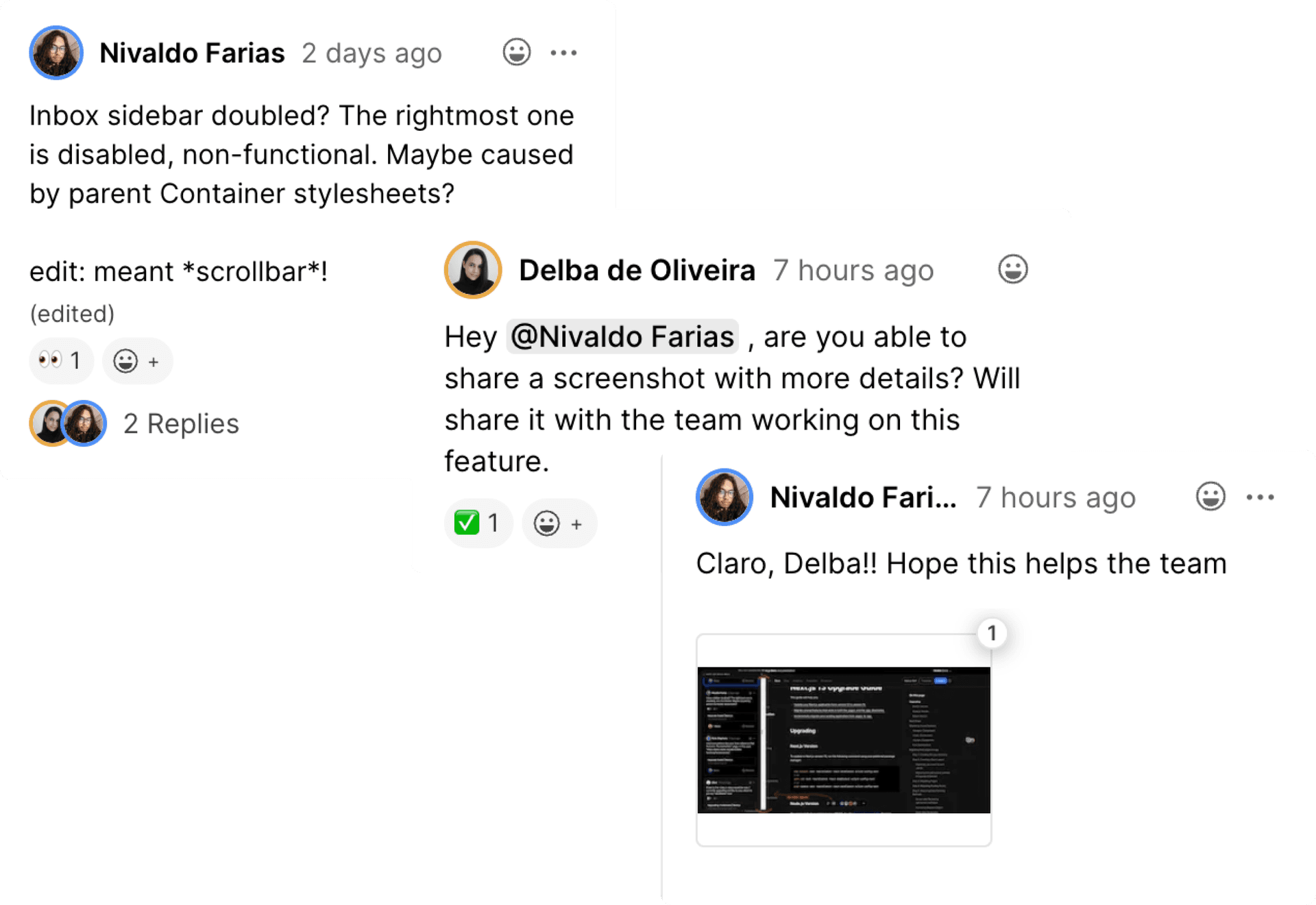 A screenshot of preview comments showing a conversation between Next.js team member and community.