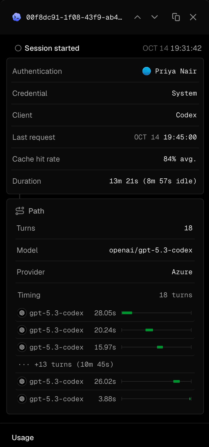 View individual sessions to see more detailed information on the requests and metrics.