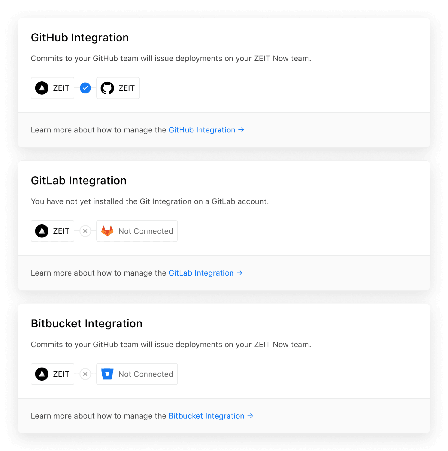 The refined "Git Integrations" settings page for personal accounts and teams.