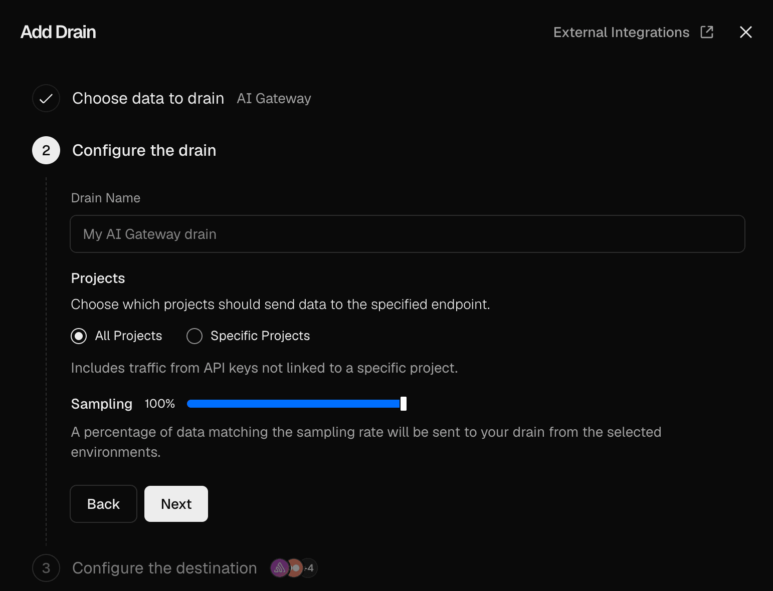 Configure an AI Gateway Trace Drain, choose projects, and set the sampling rate.