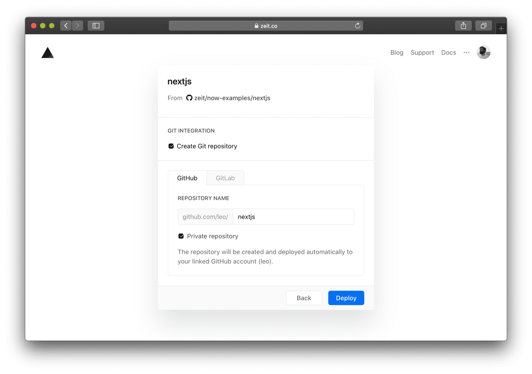 The interface for creating a Git repository for your new project.
