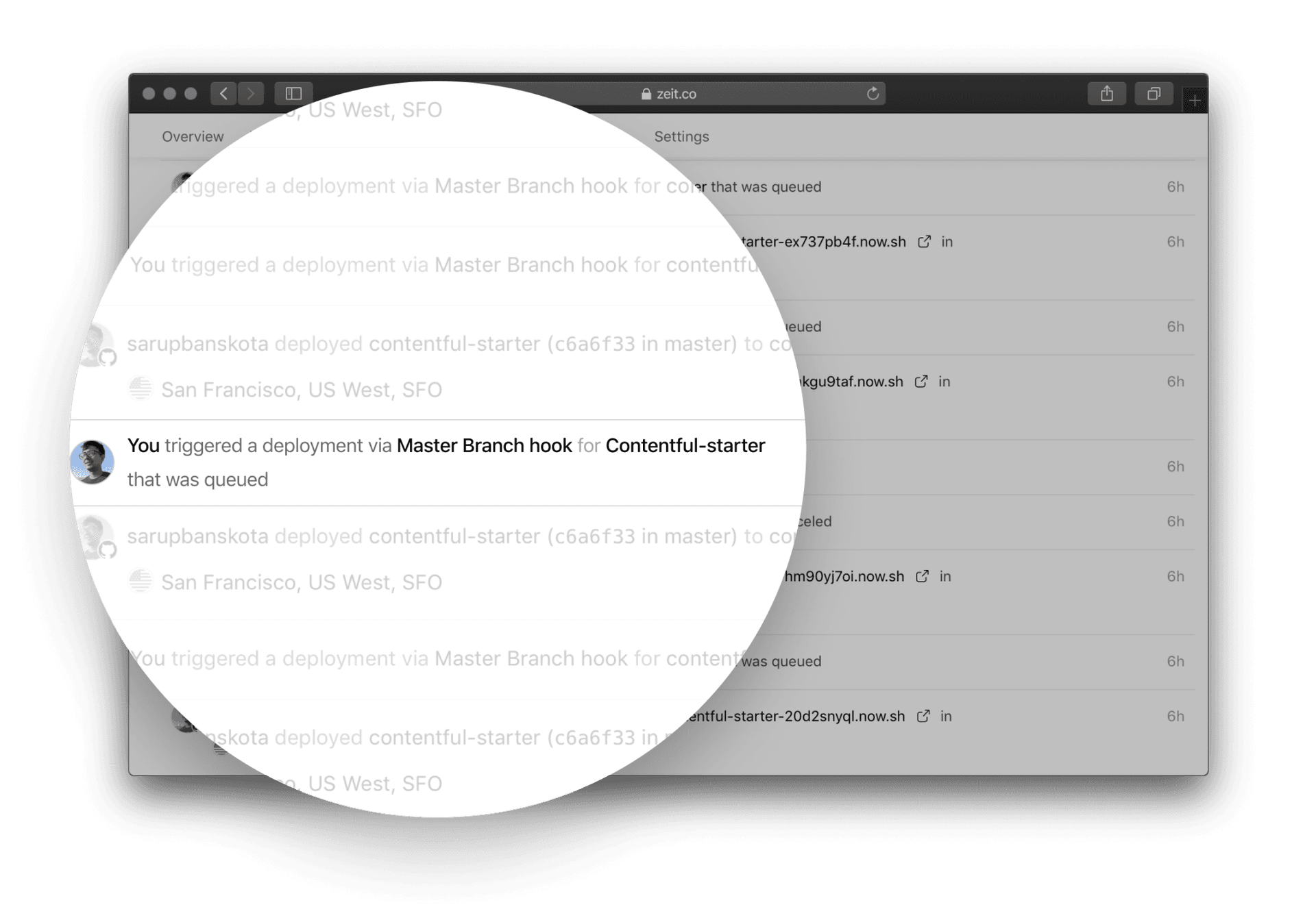The Events timeline clearly showcases all the deployments, including their sources.