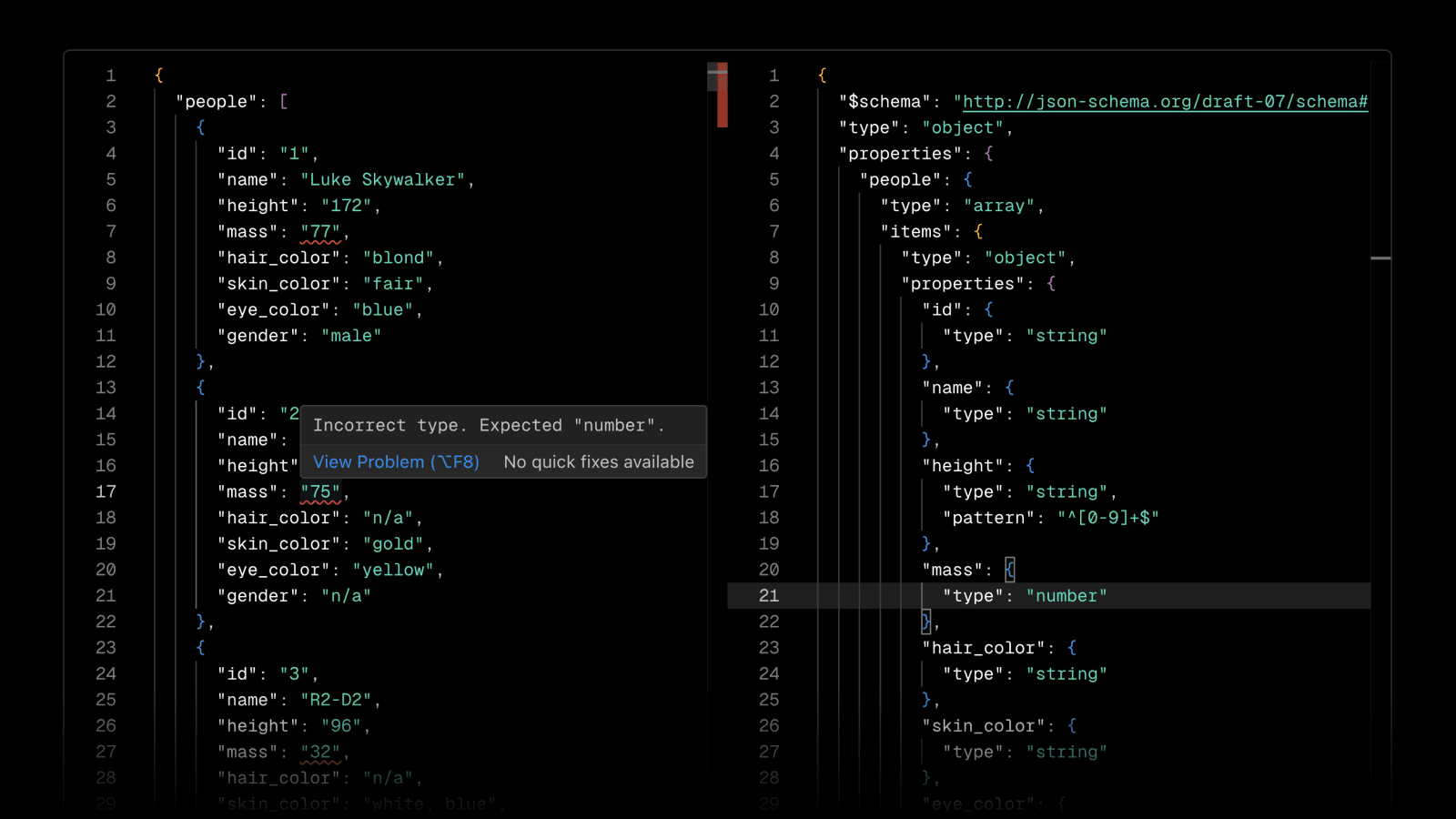 An Edge Config with a JSON schema attached, and the editor displaying a validation error.