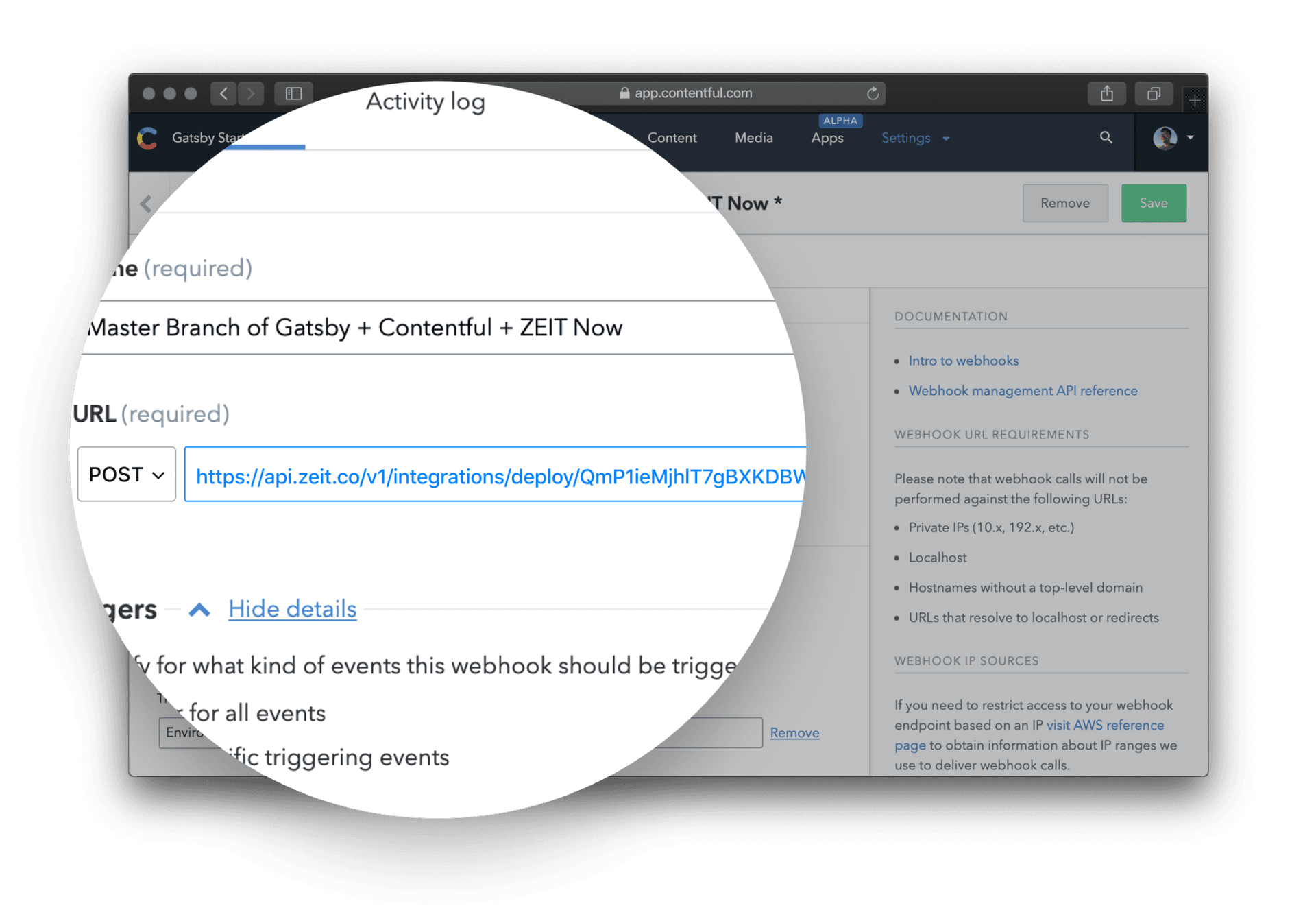 An illustration of a Vercel Deploy Hook set on Contentful. The Deploy Hook ensures a build and deployment each time content is updated.
